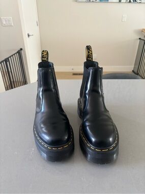 Dr. Martens Black Leather Chelsea Boots with Yellow Stitching and Pull Tabs